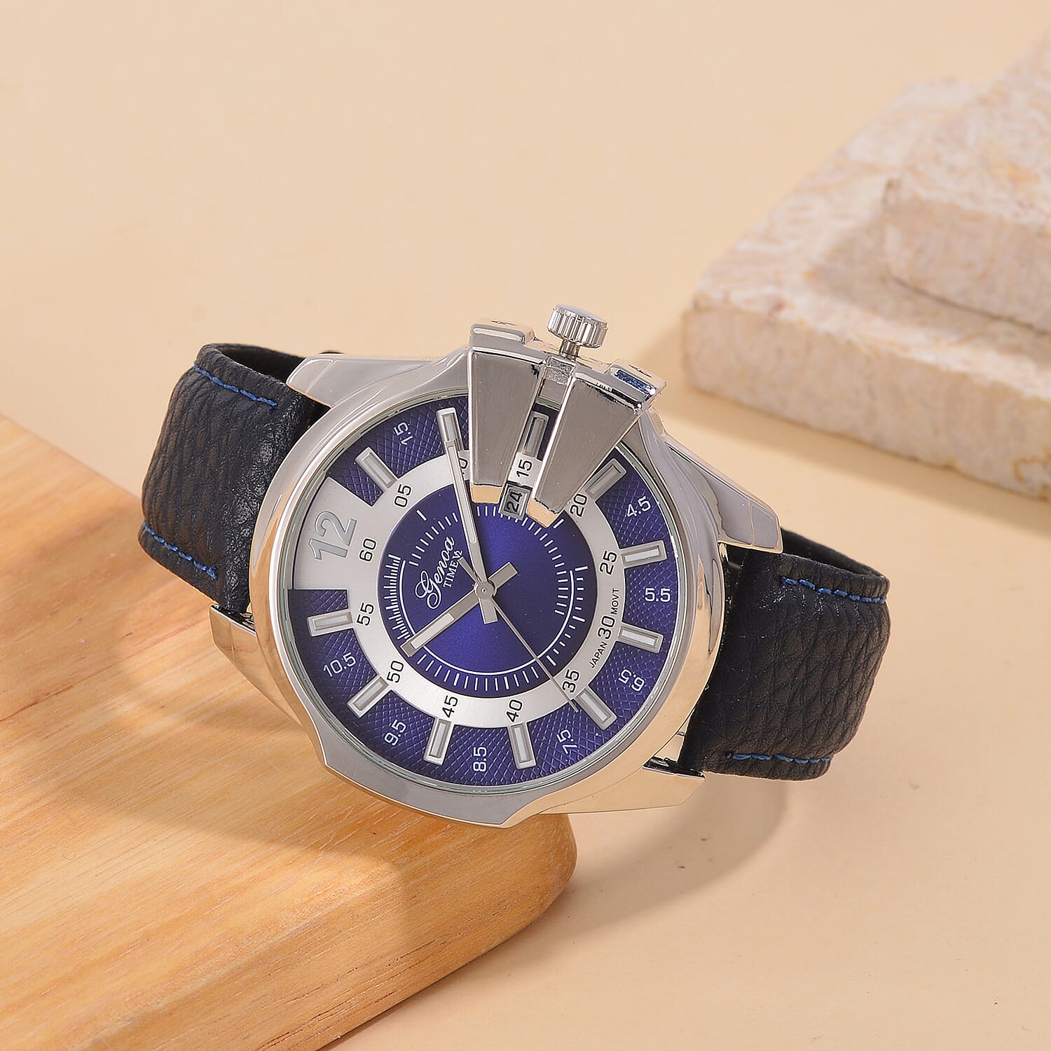 GENOA Japan Movt. 3ATM WR Blue Dial Watch with Blue Leather Strap