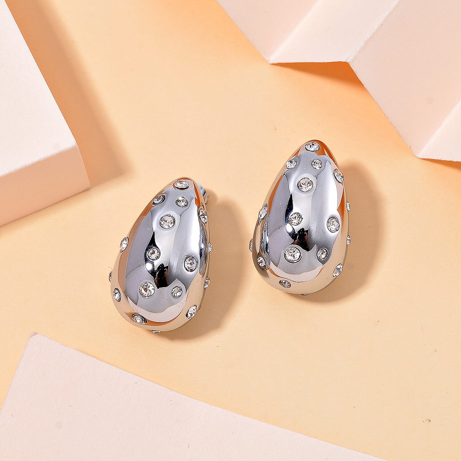 White Swarovski Crystal Push Back Earring in Silver Tone