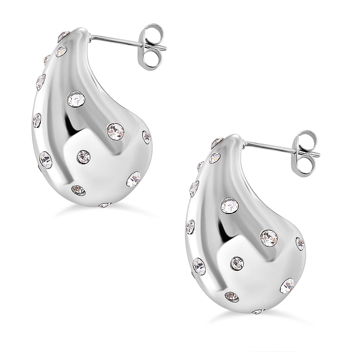 White Swarovski Crystal Push Back Earring in Silver Tone