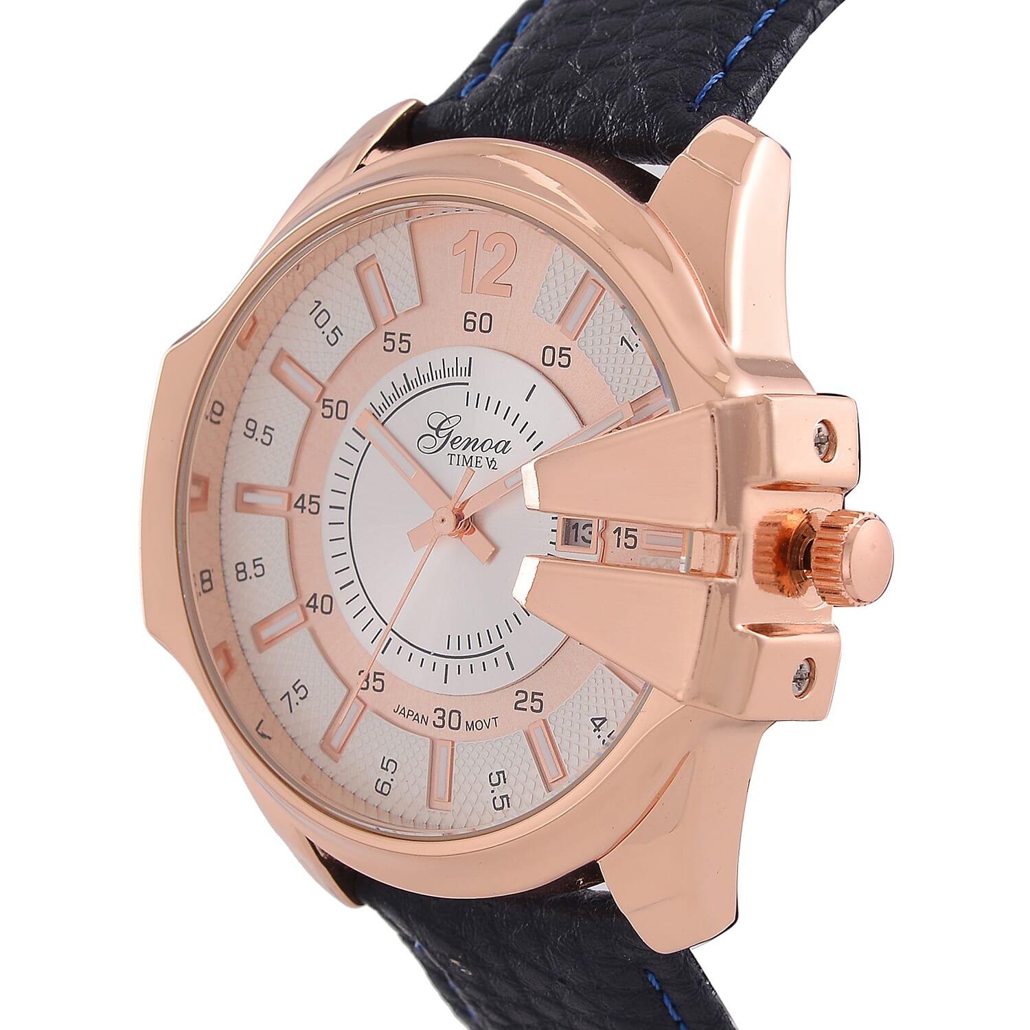 GENOA Japan Movt. 3ATM WR Rose Gold Finish Silver Dial Watch with Blue Leather Strap