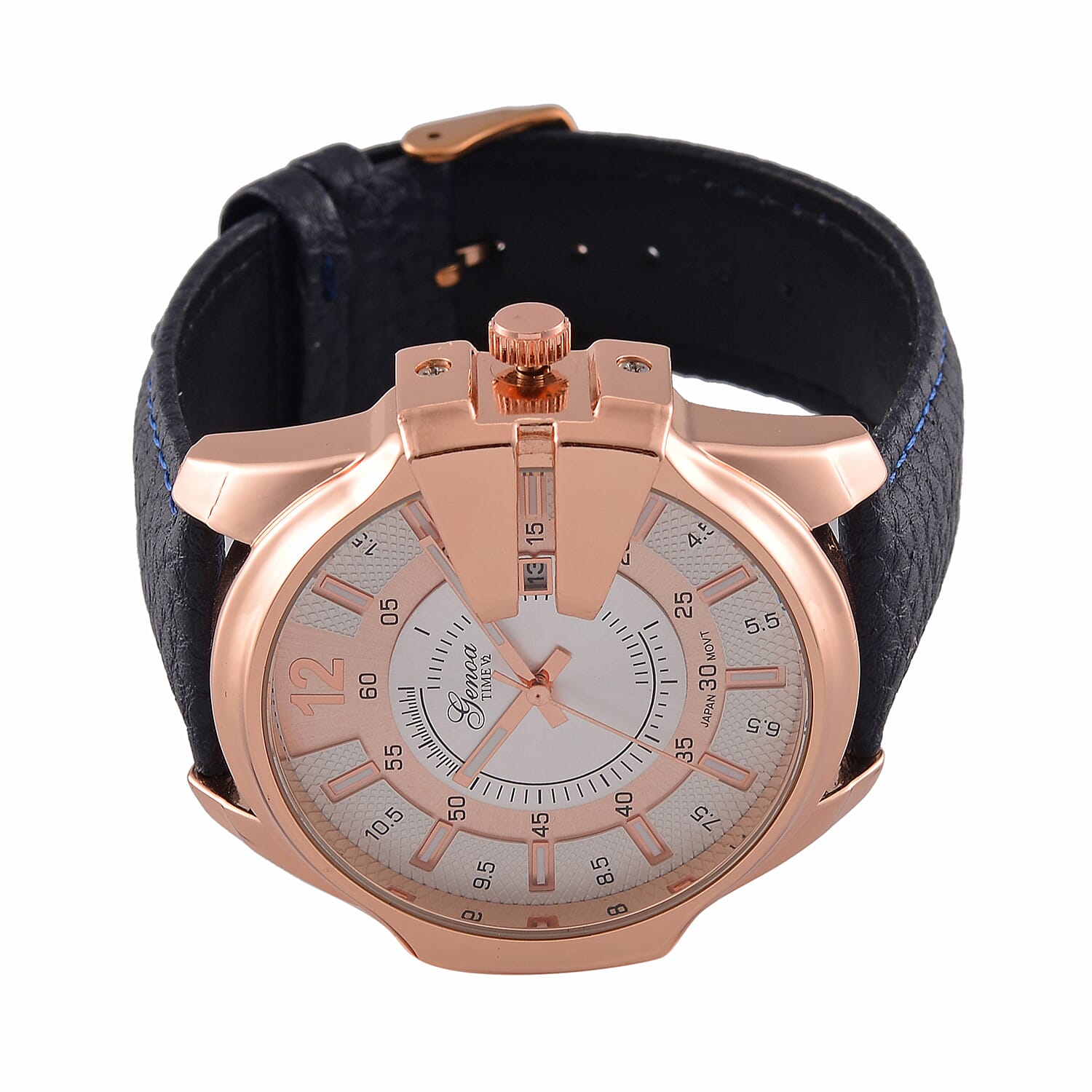 GENOA Japan Movt. 3ATM WR Rose Gold Finish Silver Dial Watch with Blue Leather Strap