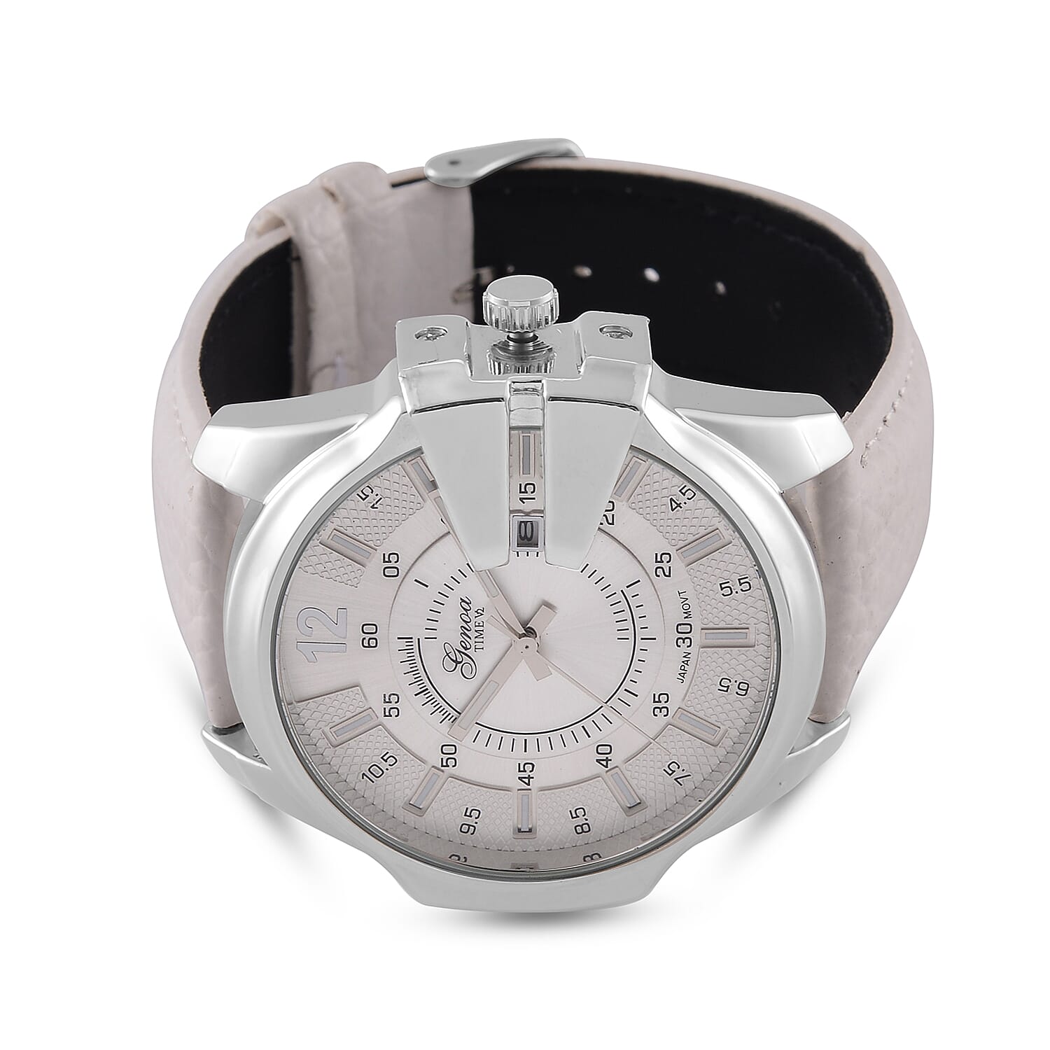 GENOA Japan Movt. 3ATM WR Silver Dial Watch with White Leather Strap