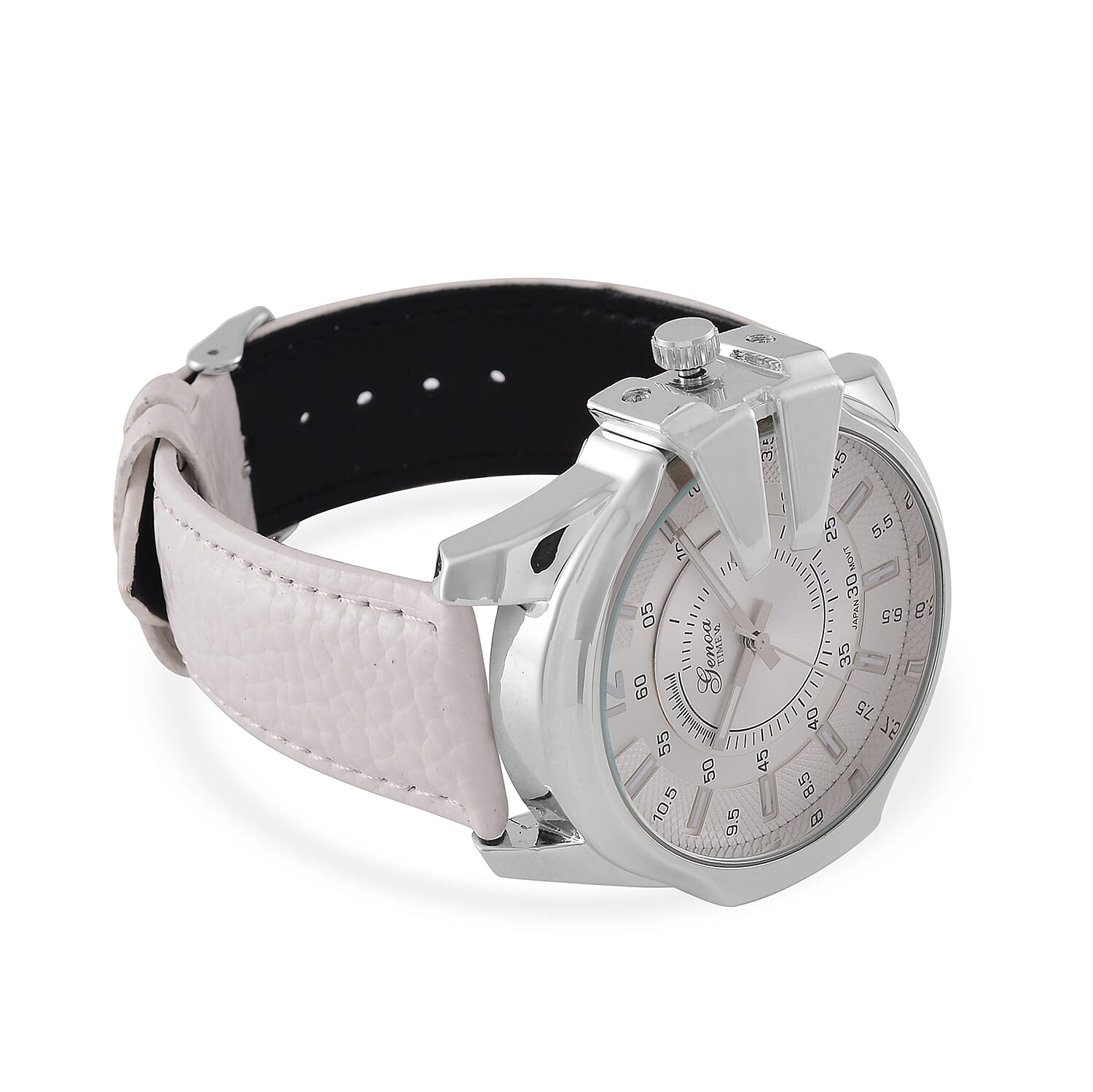 GENOA Japan Movt. 3ATM WR Silver Dial Watch with White Leather Strap