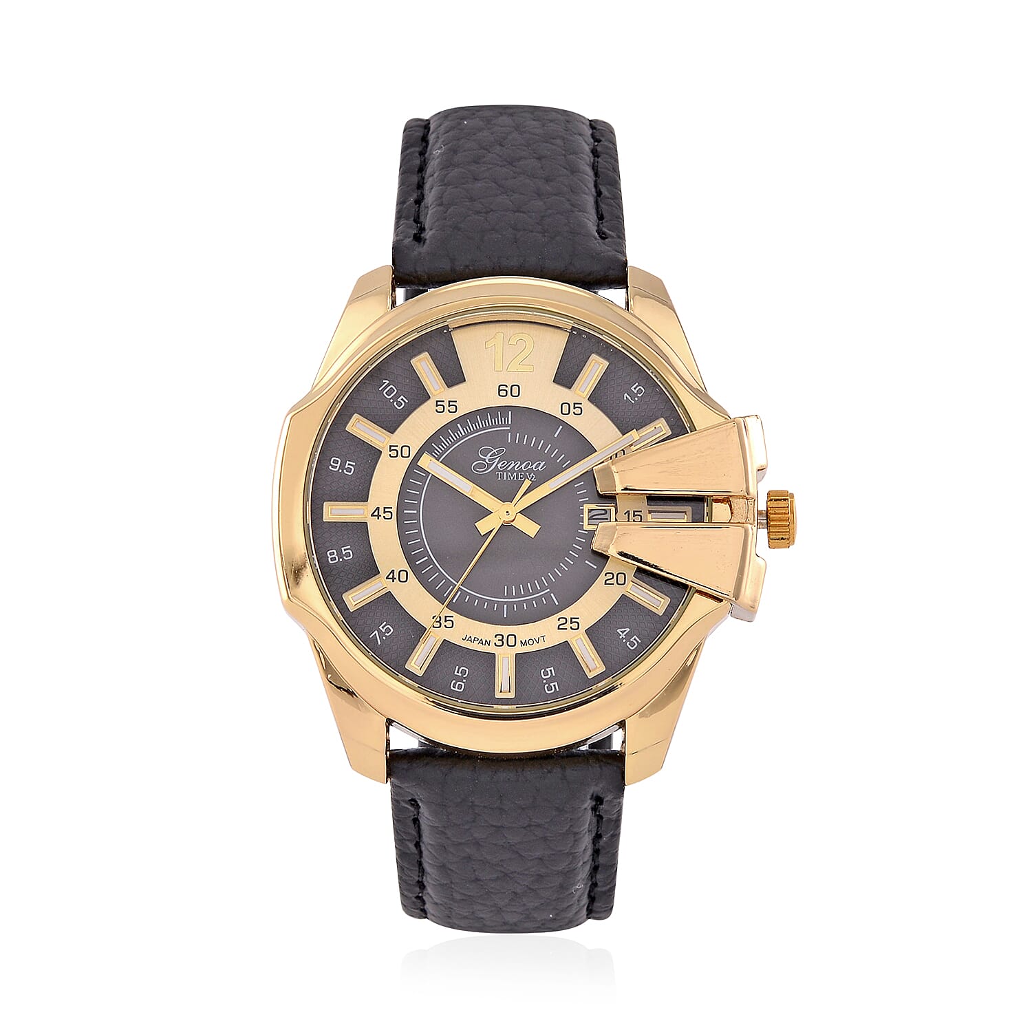 GENOA Japan Movt. 3ATM WR Gold Finish Black Dial Watch with Black Leather Strap