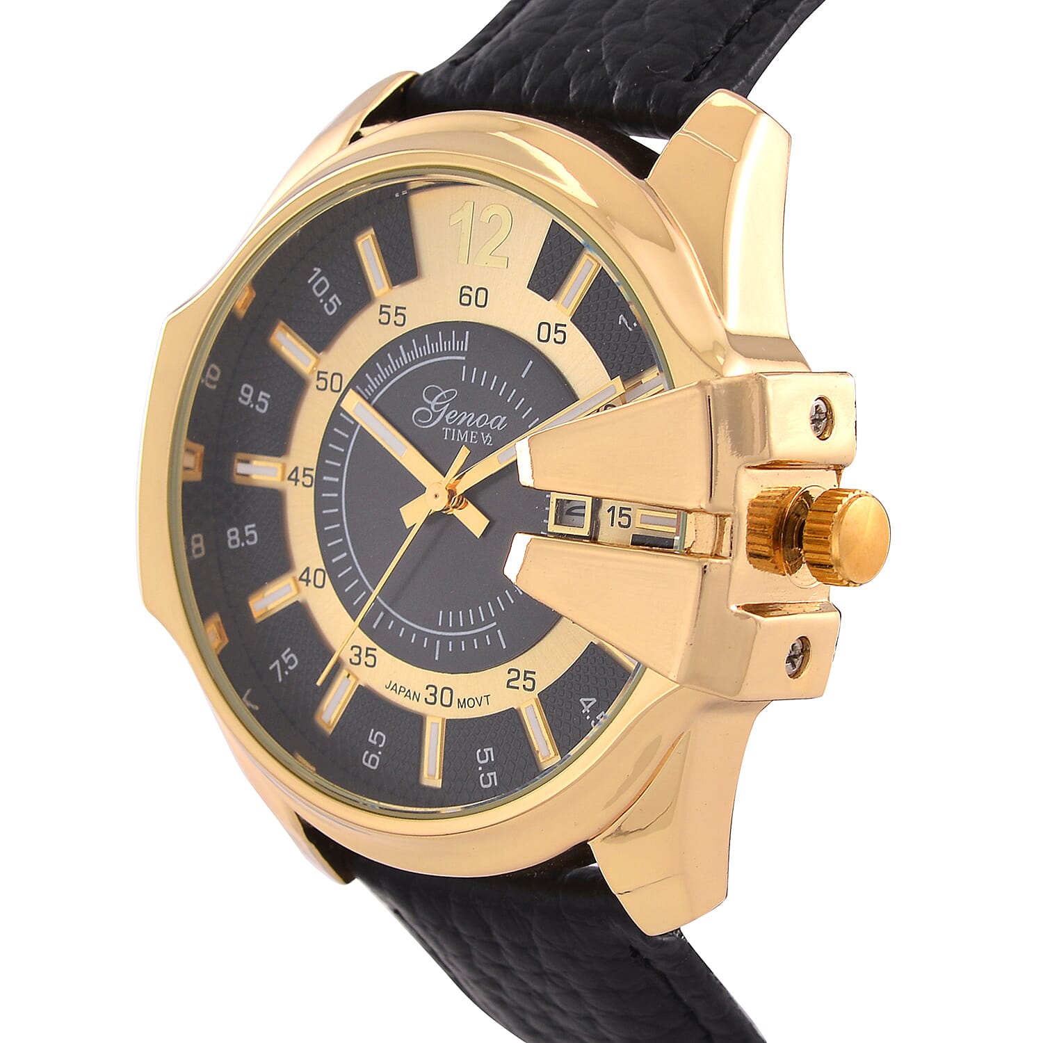 GENOA Japan Movt. 3ATM WR Gold Finish Black Dial Watch with Black Leather Strap