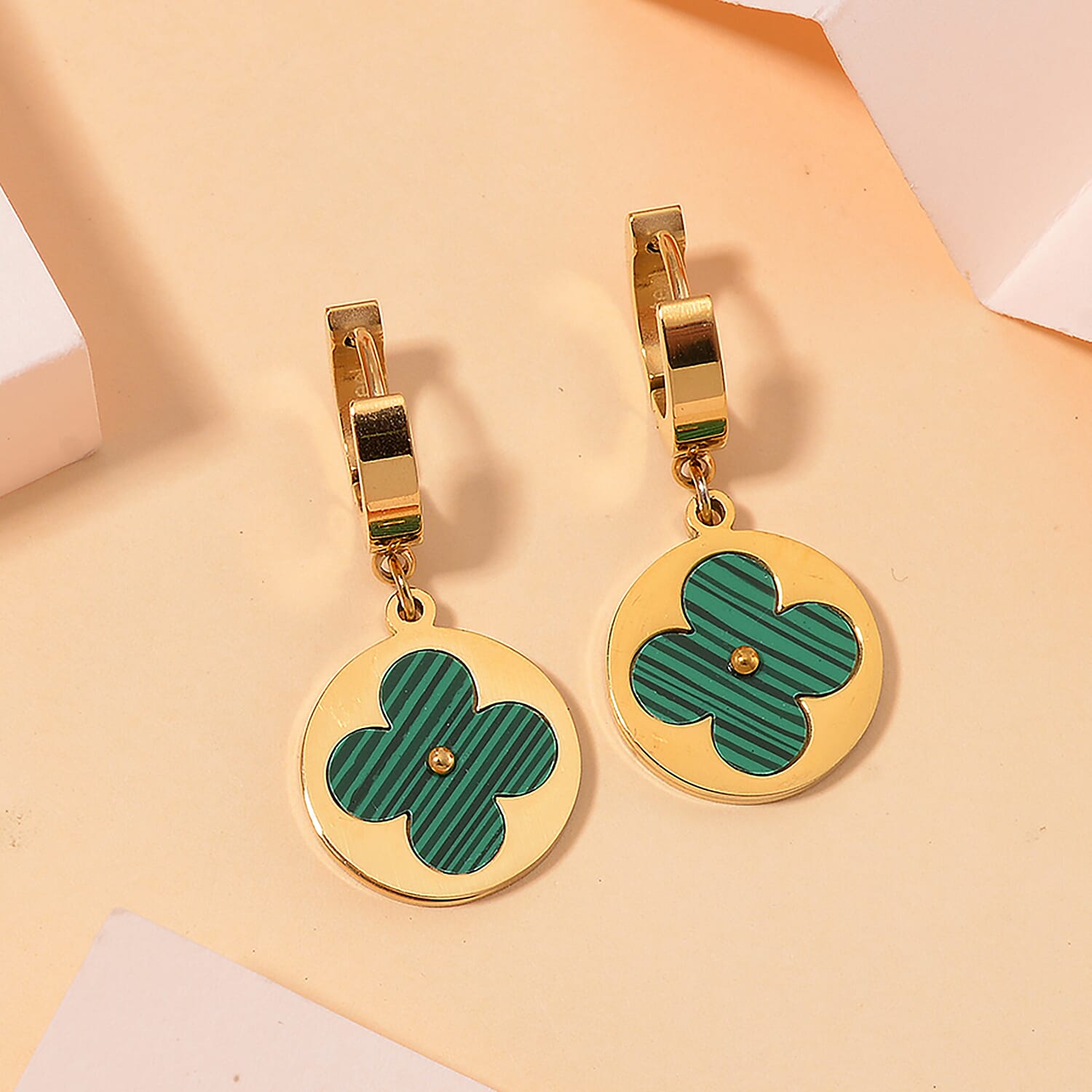 Created Malachite Hoop Earring in Yellow Tone