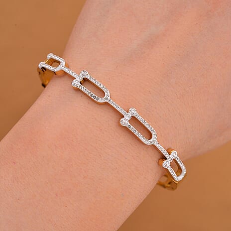White Austrian Crystal Bangle (Size - 7.5) With Enamel in Yellow Gold Tone