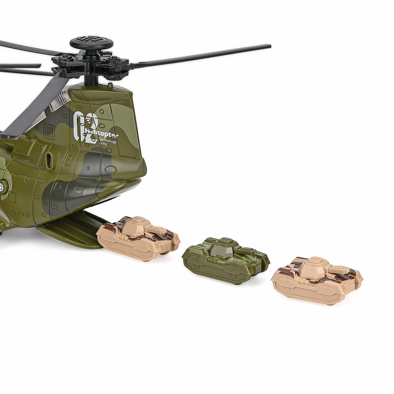 Chinook Army Helicopter - Rechargeable toy with light and music, and 3 army tanks - Green
