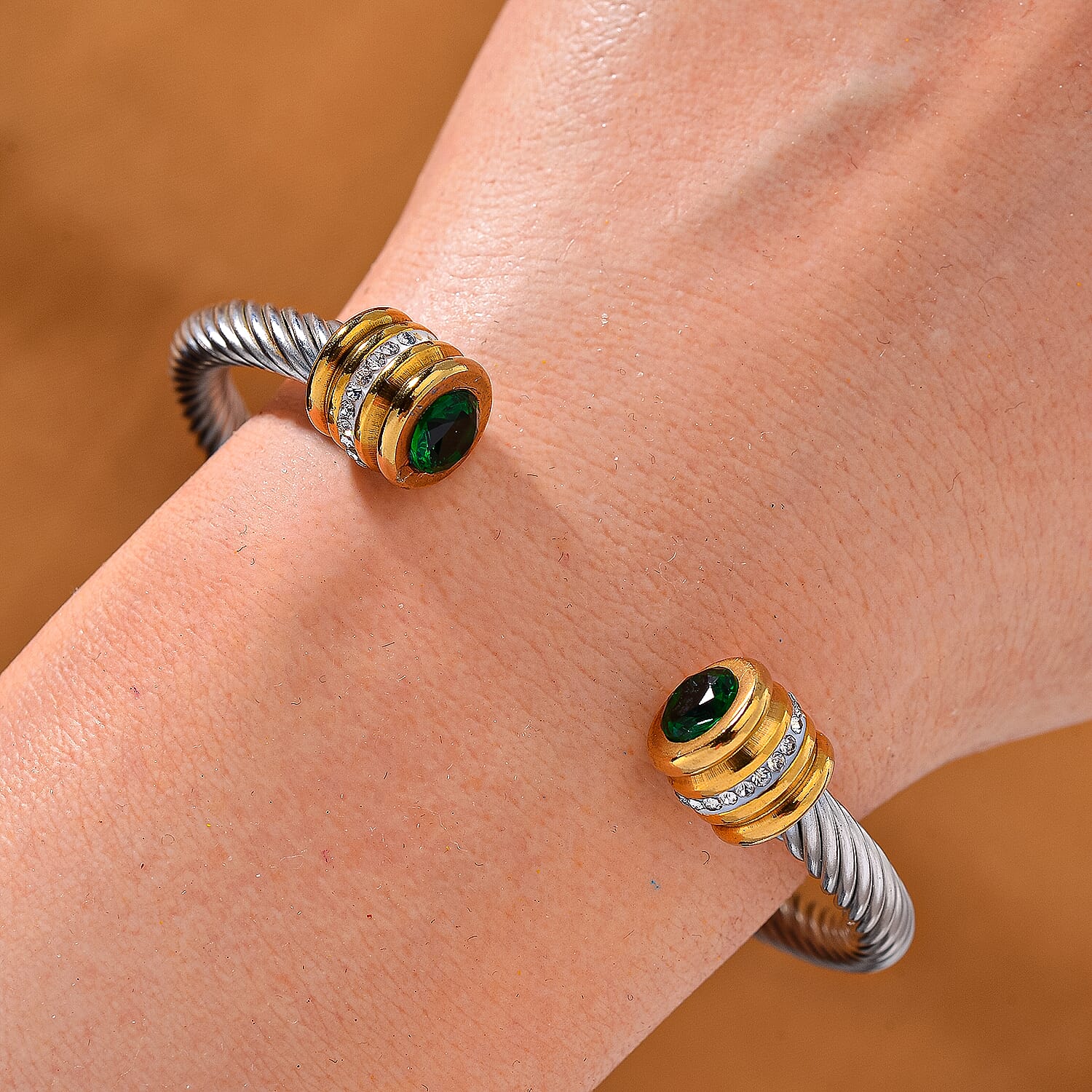 White Crystal & Neon Green Crystal Bangle (Size - 7.5) in Gold & Silver Tone