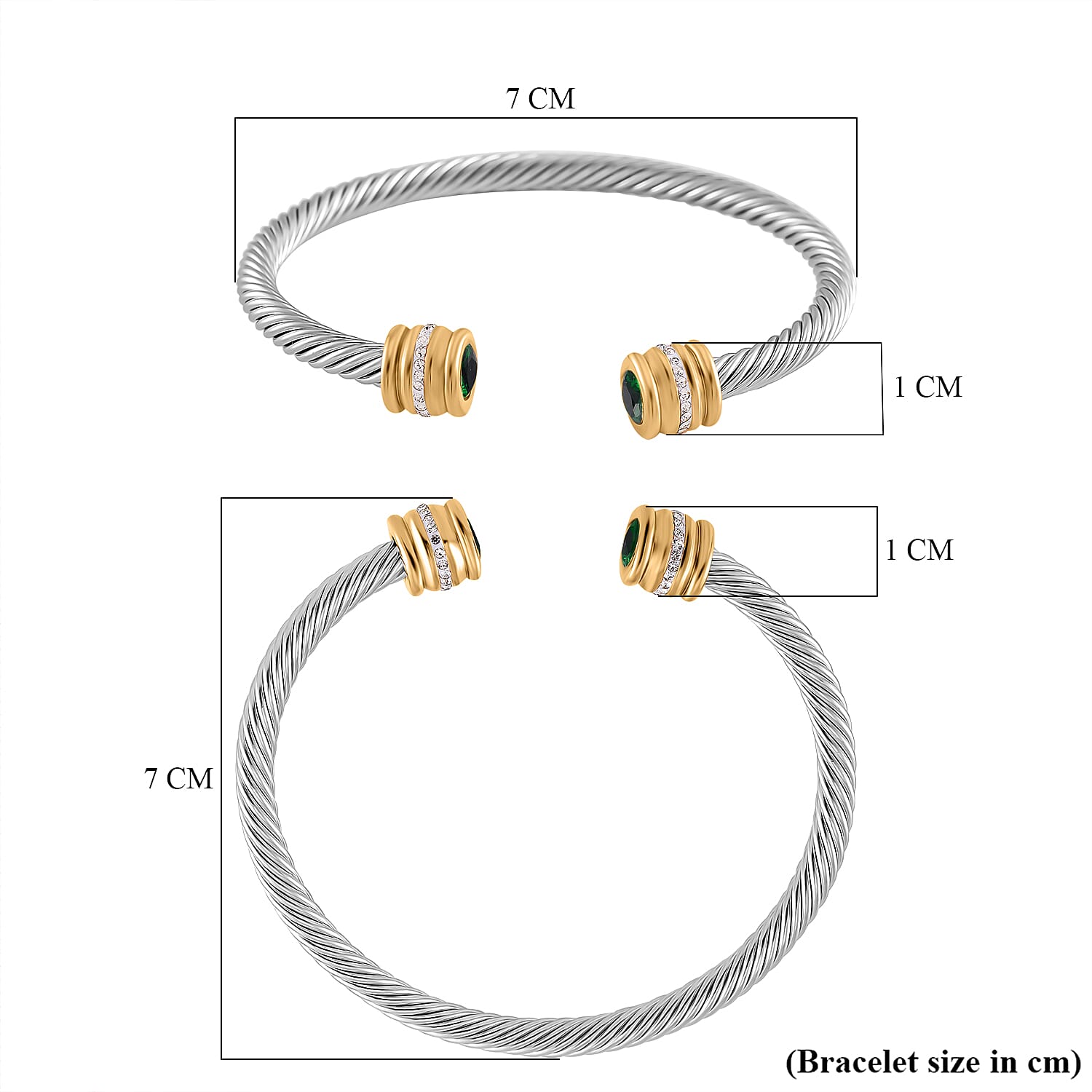 White Crystal & Neon Green Crystal Bangle (Size - 7.5) in Gold & Silver Tone