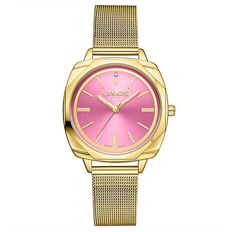 Gamages of London Dahlia Diamond Swiss Quartz Movement Pink Dial WR Ladies Watch with Milanese Bracelet - Gold