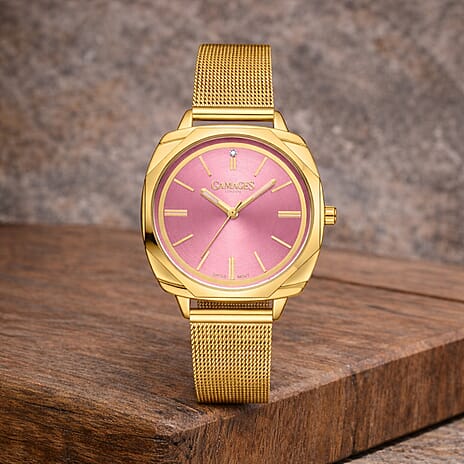 Gamages of London Dahlia Diamond Swiss Quartz Movement Pink Dial WR Ladies Watch with Milanese Bracelet - Gold