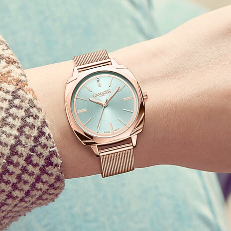 Gamages of London Dahlia Diamond Swiss Quartz Movement Light Green Dial WR Ladies Watch with Milanese Bracelet - Rose Gold