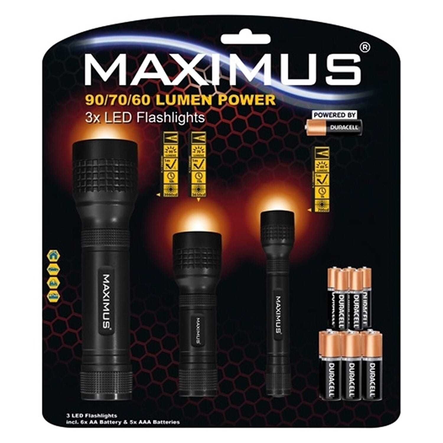 Maximus 3x LED Flashlights with Duracell Batteries - 90-70-60 Lumen Power