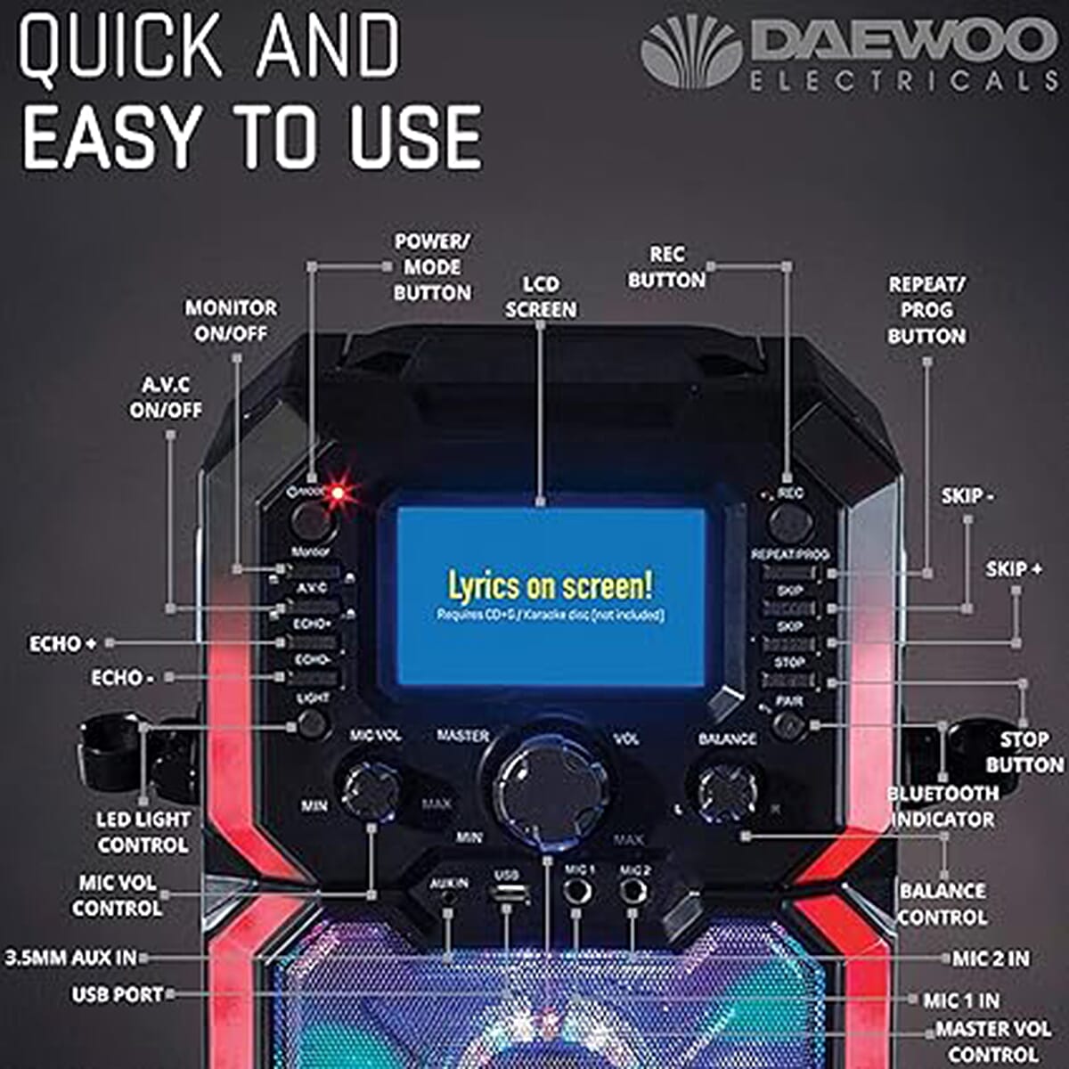 Daewoo Bluetooth Karaoke Machine with Built in 5 inch LED Display