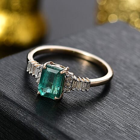9K Yellow Gold AAA Emerald & White Diamond Ring 1.17 Ct.