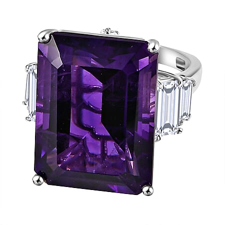 African Amethyst ,  White Topaz  Main Stone With Side Stone Ring in rhodium Sterling Silver 25.05 ct,  Silver Wt. 5 Gms  24.600  Ct.