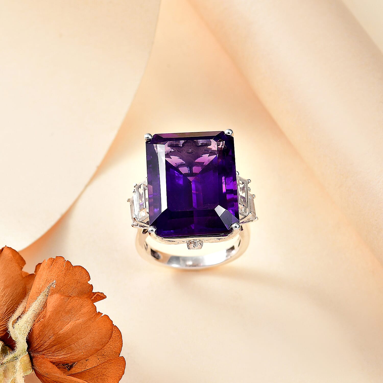 African Amethyst ,  White Topaz  Main Stone With Side Stone Ring in rhodium Sterling Silver 25.05 ct,  Silver Wt. 5 Gms  24.600  Ct.