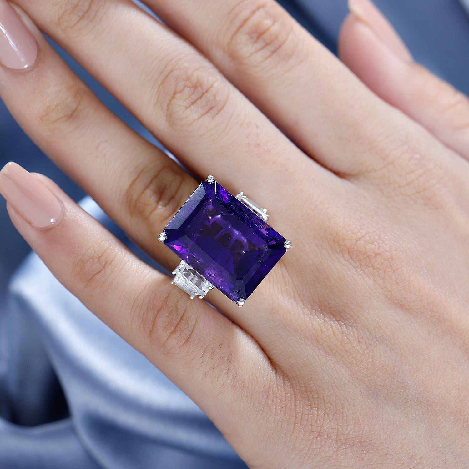 African Amethyst ,  White Topaz  Main Stone With Side Stone Ring in rhodium Sterling Silver 25.05 ct,  Silver Wt. 5 Gms  24.600  Ct.