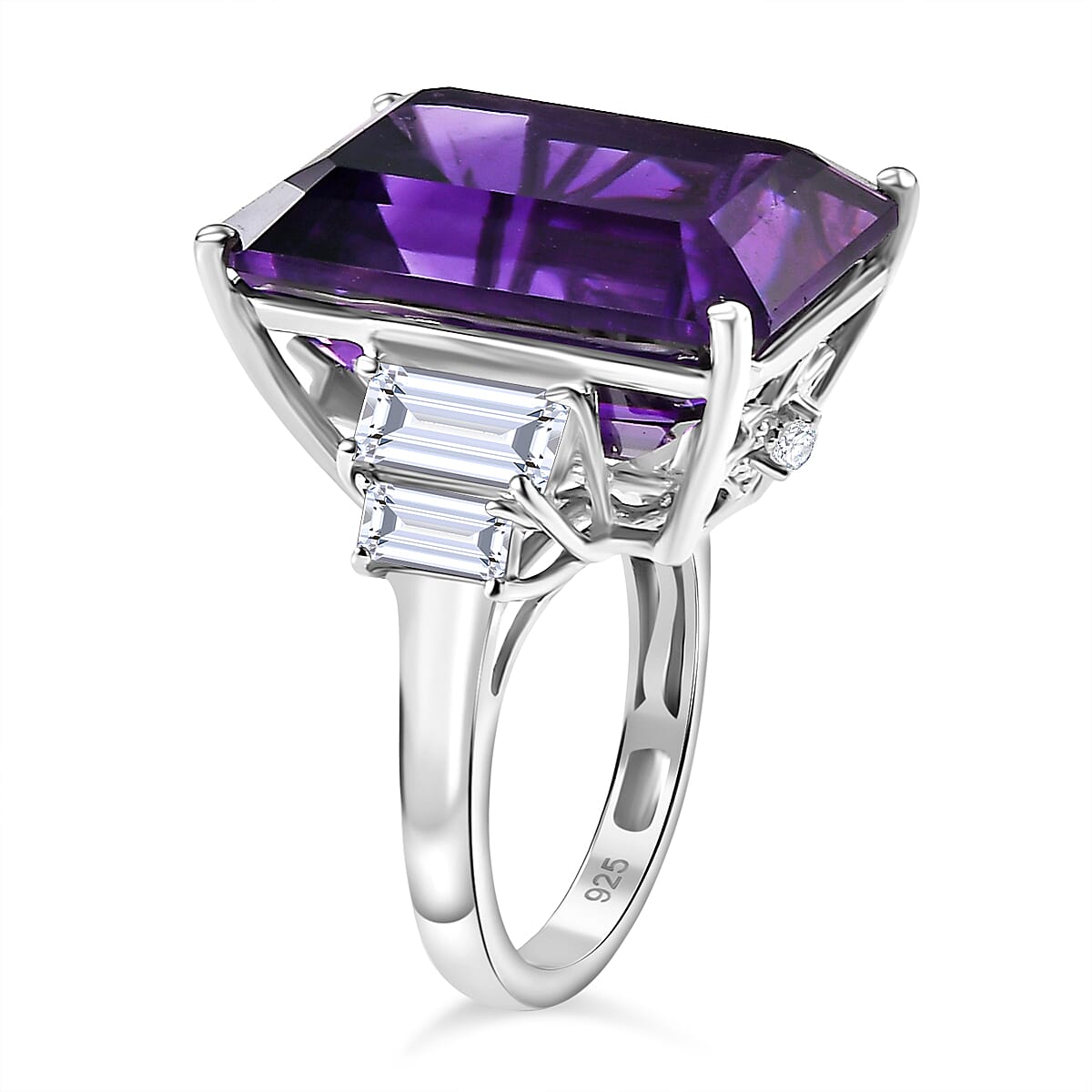 African Amethyst ,  White Topaz  Main Stone With Side Stone Ring in rhodium Sterling Silver 25.05 ct,  Silver Wt. 5 Gms  24.600  Ct.