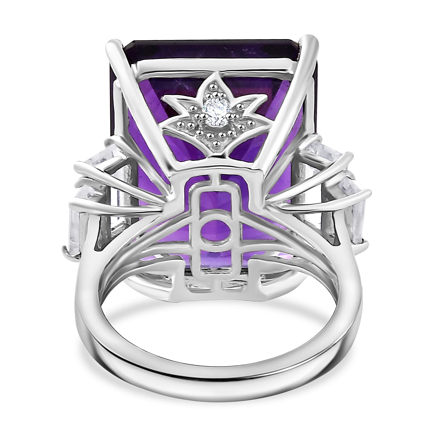 African Amethyst ,  White Topaz  Main Stone With Side Stone Ring in rhodium Sterling Silver 25.05 ct,  Silver Wt. 5 Gms  24.600  Ct.