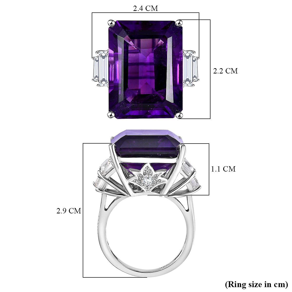 African Amethyst ,  White Topaz  Main Stone With Side Stone Ring in rhodium Sterling Silver 25.05 ct,  Silver Wt. 5 Gms  24.600  Ct.