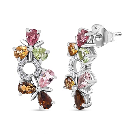 Multi-Tourmaline, White Zircon Floral Drop Earrings in Rhodium Plated Sterling Silver