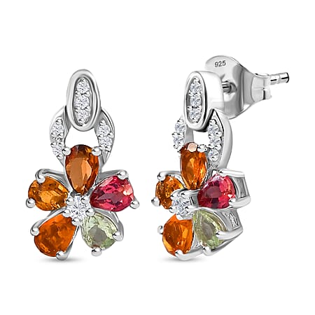 Multi-Tourmaline, White Zircon Floral Drop Earrings in Rhodium Overlay Sterling Silver