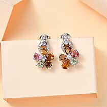 Multi-Tourmaline, White Zircon Floral Drop Earrings in Rhodium Overlay Sterling Silver