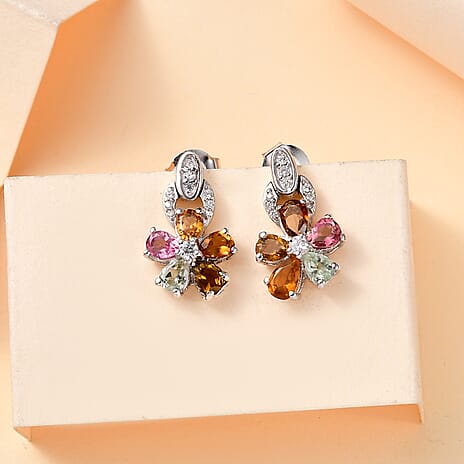 Multi-Tourmaline , White Zircon Cluster Earring in Rhodium Sterling Silver 1.66 Ct.