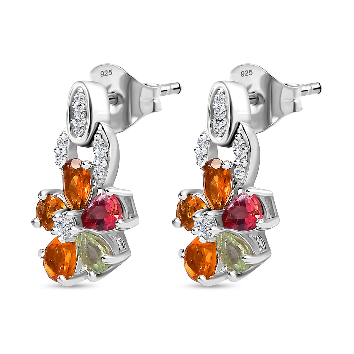 Multi-Tourmaline & White Zircon Floral Drop Earring in Rhodium Overlay Sterling Silver 1.66 Ct.