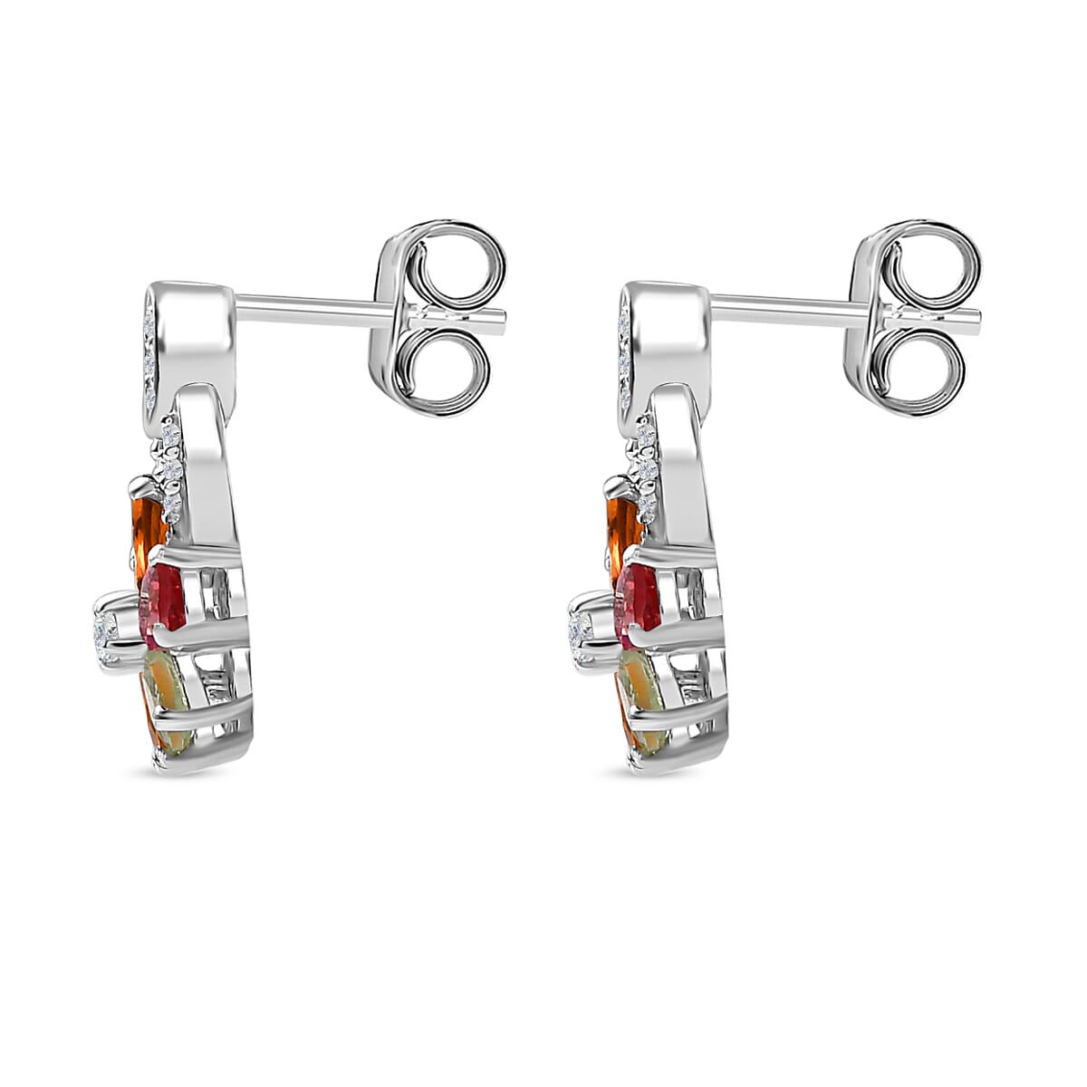 Multi-Tourmaline & White Zircon Floral Drop Earring in Rhodium Overlay Sterling Silver 1.66 Ct.