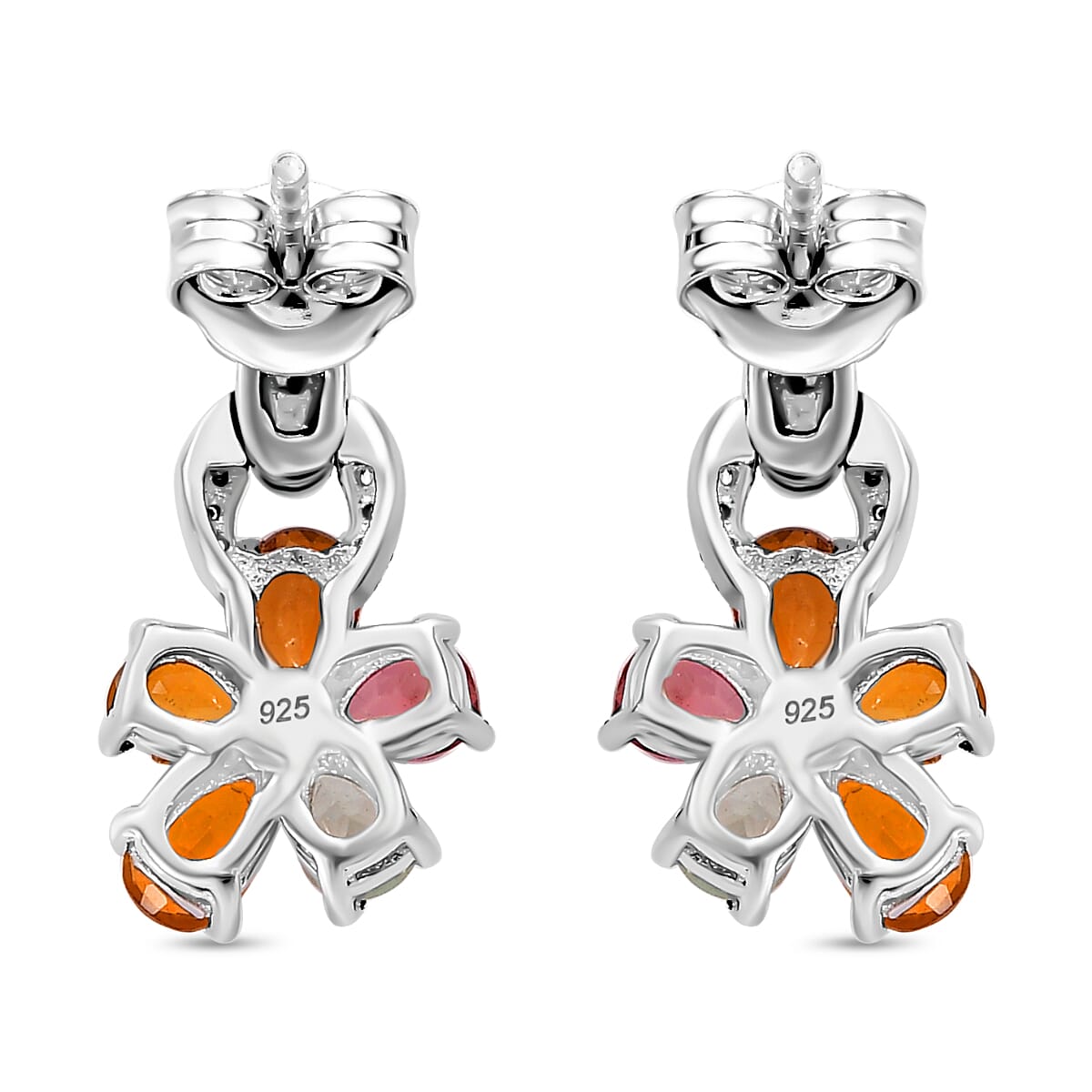 Multi-Tourmaline & White Zircon Floral Drop Earring in Rhodium Overlay Sterling Silver 1.66 Ct.