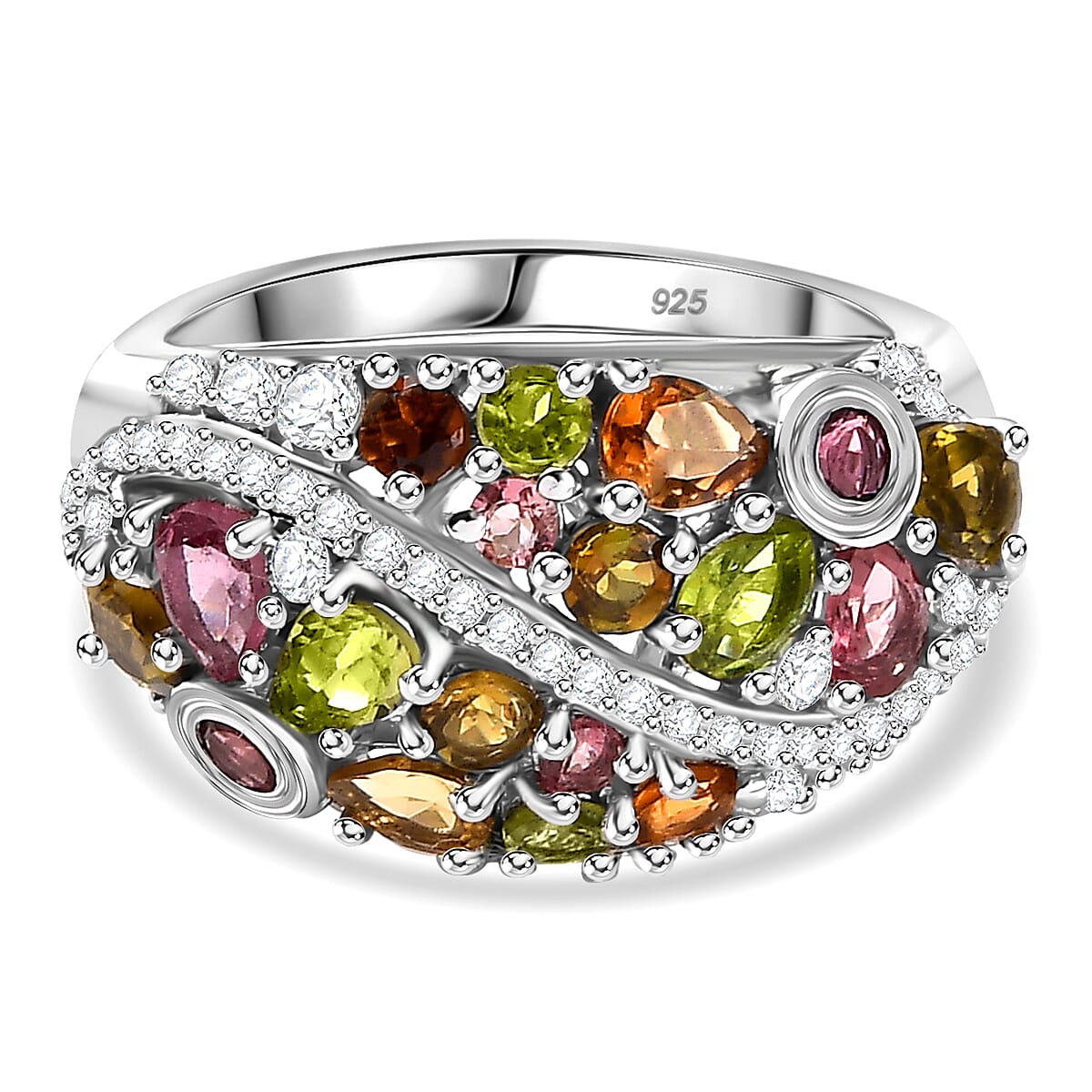 Multi-Tourmaline & White Zircon Cluster Ring in Rhodium Overlay Sterling Silver 2.04 Ct.