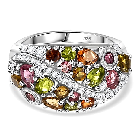 Multi-Tourmaline & White Zircon Cluster Ring in Rhodium Overlay Sterling Silver 2.04 Ct.