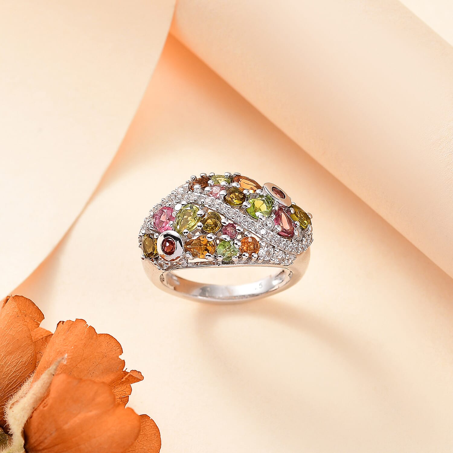 Multi-Tourmaline & White Zircon Cluster Ring in Rhodium Overlay Sterling Silver 2.04 Ct.