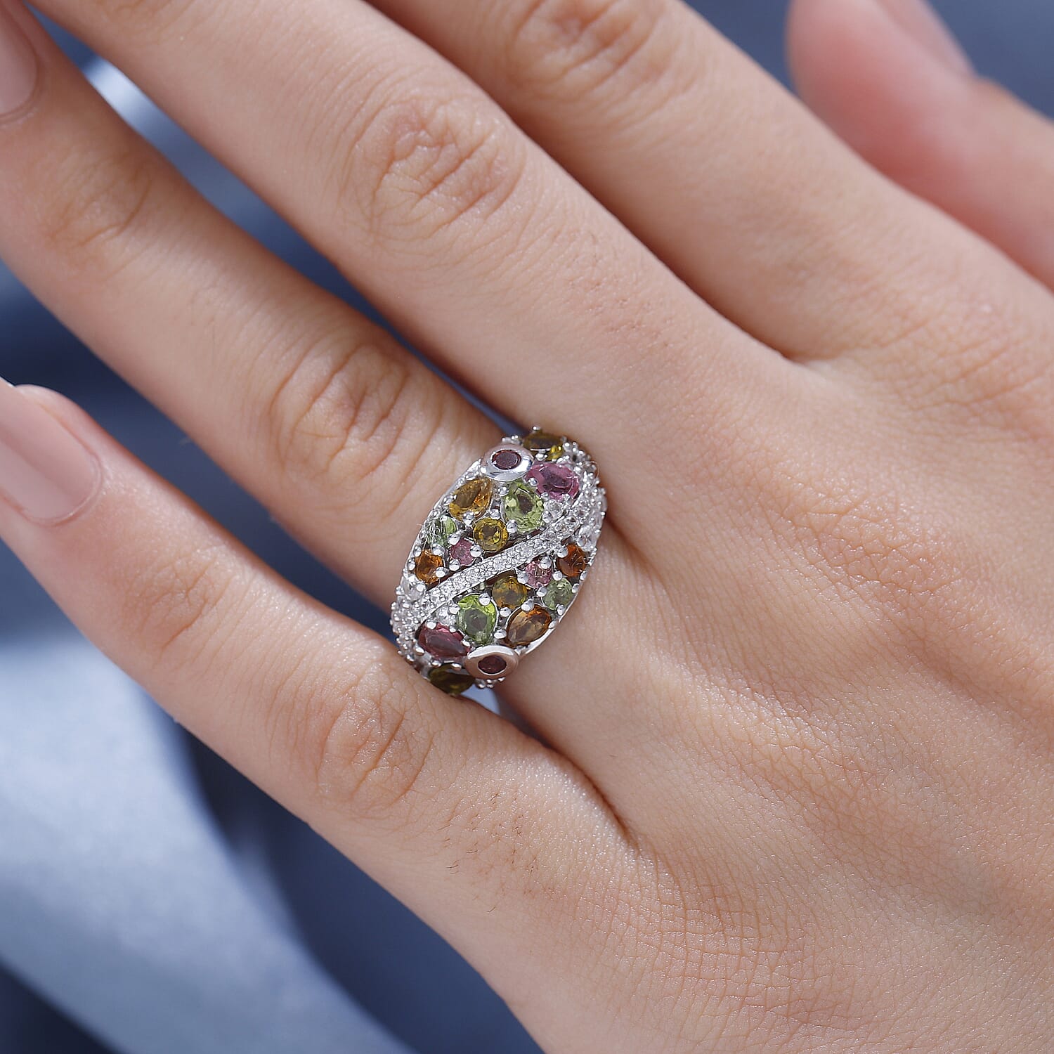 Multi-Tourmaline & White Zircon Cluster Ring in Rhodium Overlay Sterling Silver 2.04 Ct.