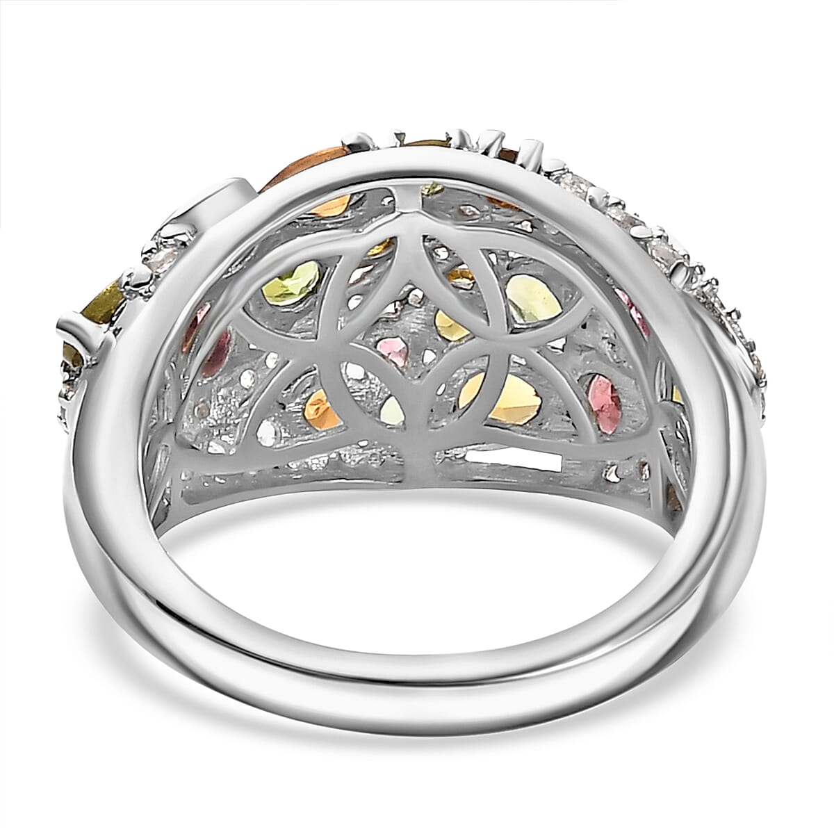 Multi-Tourmaline & White Zircon Cluster Ring in Rhodium Overlay Sterling Silver 2.04 Ct.