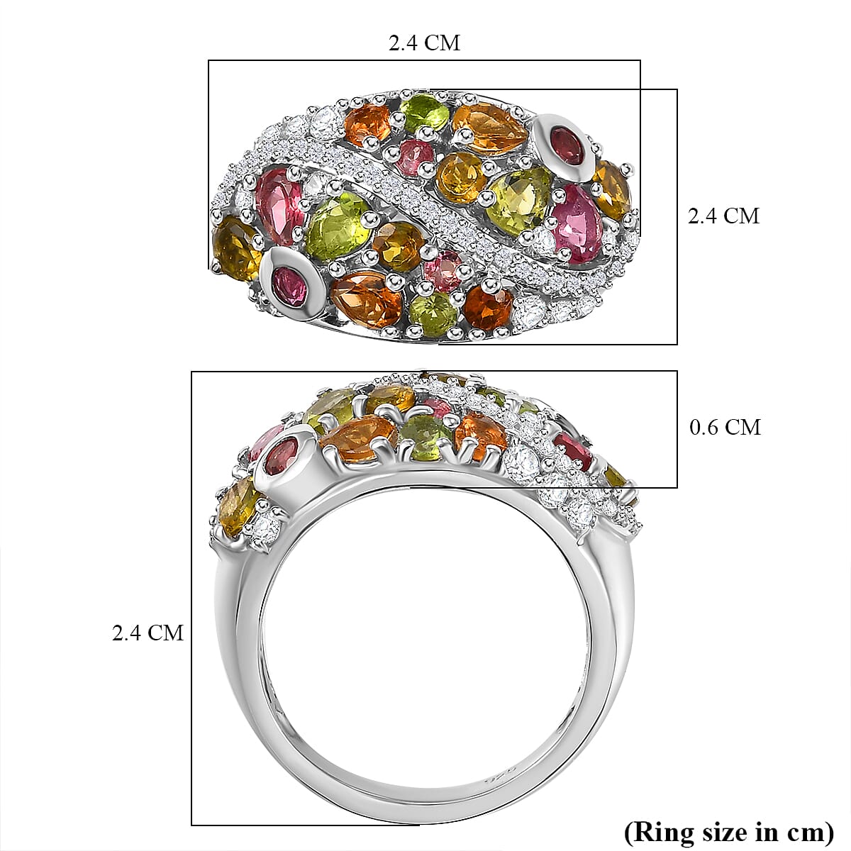 Multi-Tourmaline & White Zircon Cluster Ring in Rhodium Overlay Sterling Silver 2.04 Ct.