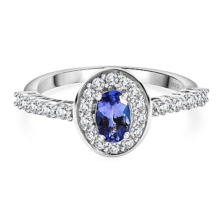 AAA Tanzanite & White Zircon Ring in Rhodium Overlay Sterling Silver 1.17 ct.