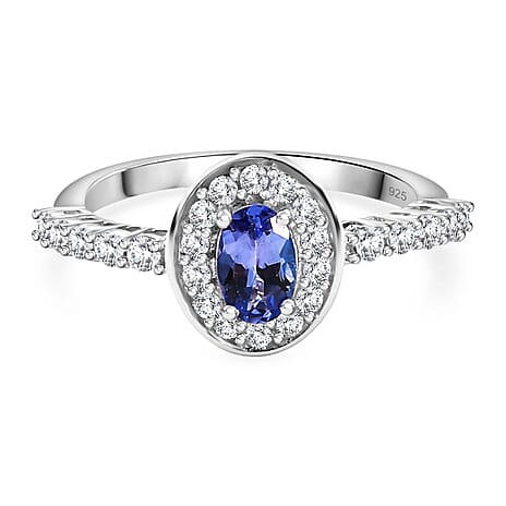 AAA Tanzanite & White Zircon Ring in Rhodium Overlay Sterling Silver 1.03 Ct.
