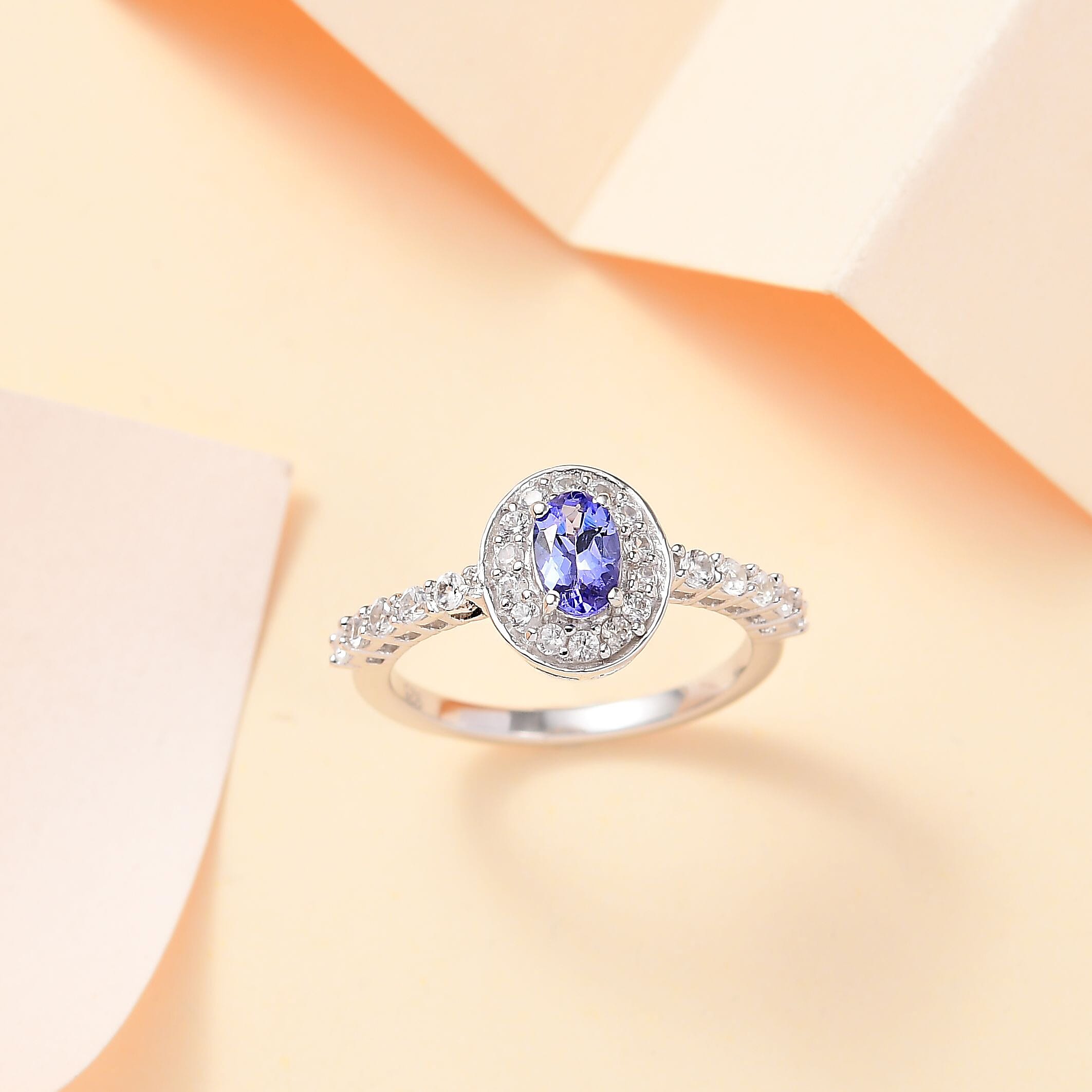 AAA Tanzanite & White Zircon Ring in Rhodium Overlay Sterling Silver 1.03 Ct.