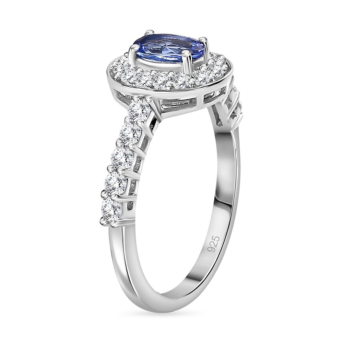 AAA Tanzanite & White Zircon Ring in Rhodium Overlay Sterling Silver 1.03 Ct.