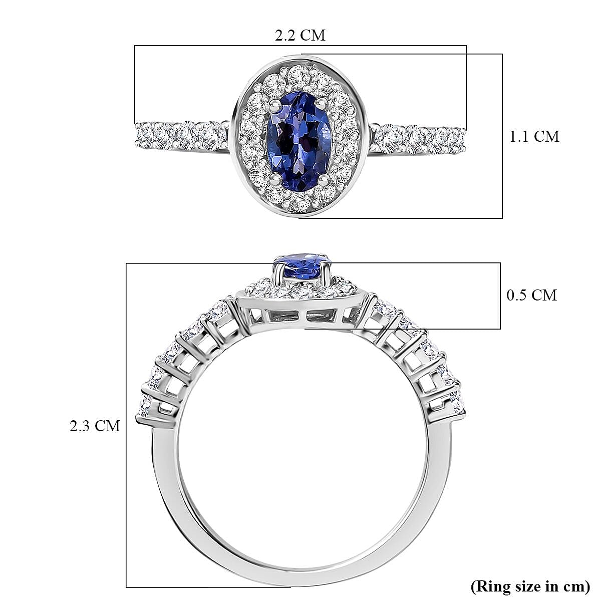 AAA Tanzanite & White Zircon Ring in Rhodium Overlay Sterling Silver 1.03 Ct.