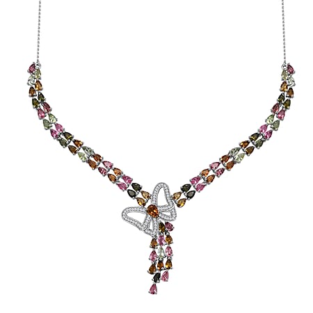 Multi-Tourmaline and Zircon Cluster Necklace (Size - 20) in Rhodium Overlay Sterling Silver 18.00 ct.