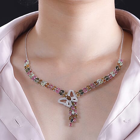 Multi-Tourmaline & Zircon Cluster Necklace With Lobaster Clasp (Size - 20) in Rhodium Overlay Sterling Silver 15.83 Ct