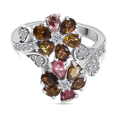 Multi-Tourmaline, White Zircon Floral Bypass Ring in Rhodium Overlay Sterling Silver