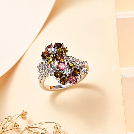 Multi-Tourmaline & White Zircon Floral Ring in Rhodium Overlay Sterling Silver 1.99 Ct.