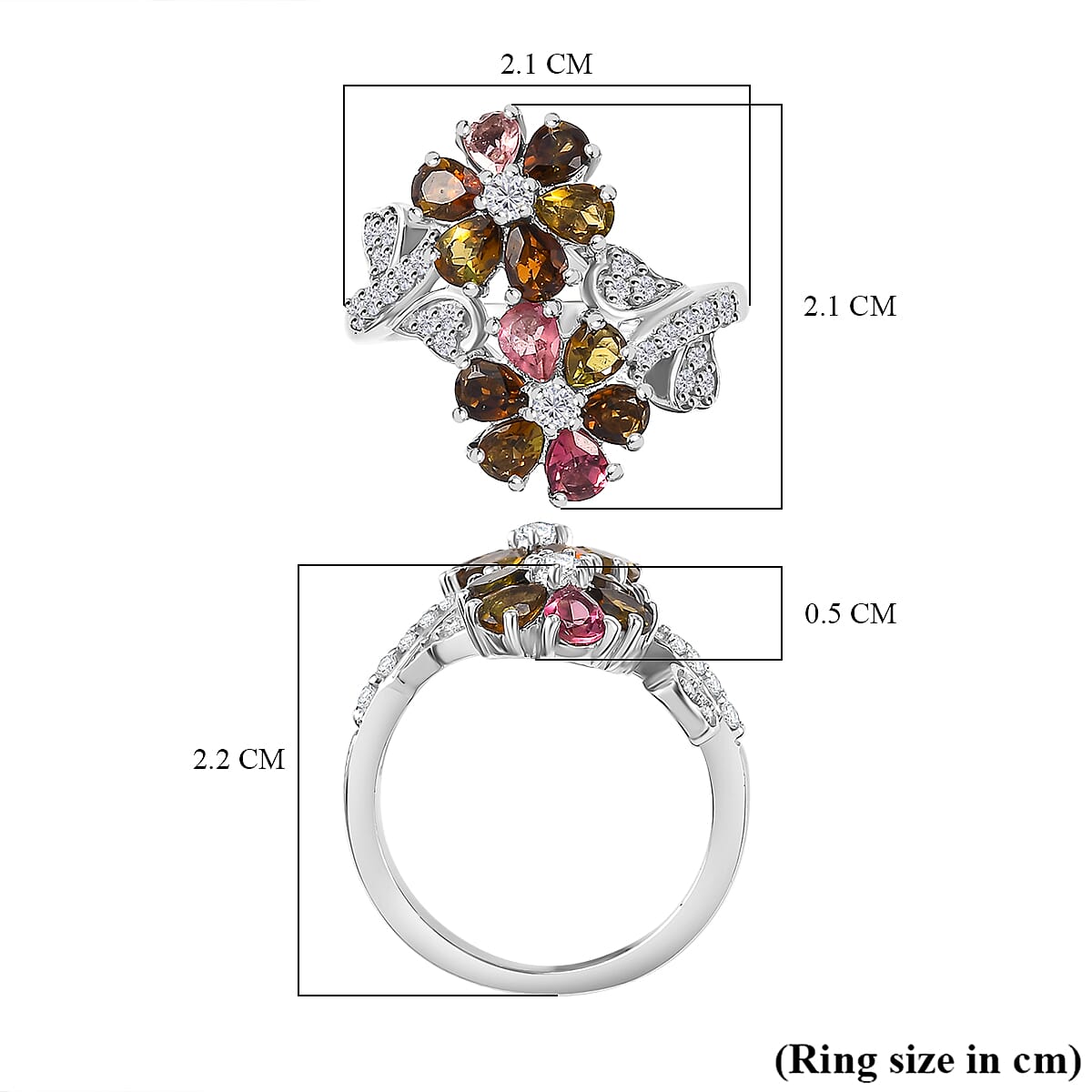 Multi-Tourmaline & White Zircon Floral Ring in Rhodium Overlay Sterling Silver 1.99 Ct. Multi-Tourmaline & White Zircon Floral Ring in Rhodium Overlay Sterling Silver 1.99 Ct.