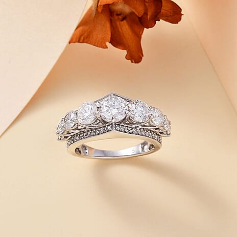 New Arrival -Designer Inspired -  Moissanite Crown Ring in Rhodium Overlay Sterling Silver 2.90 Ct